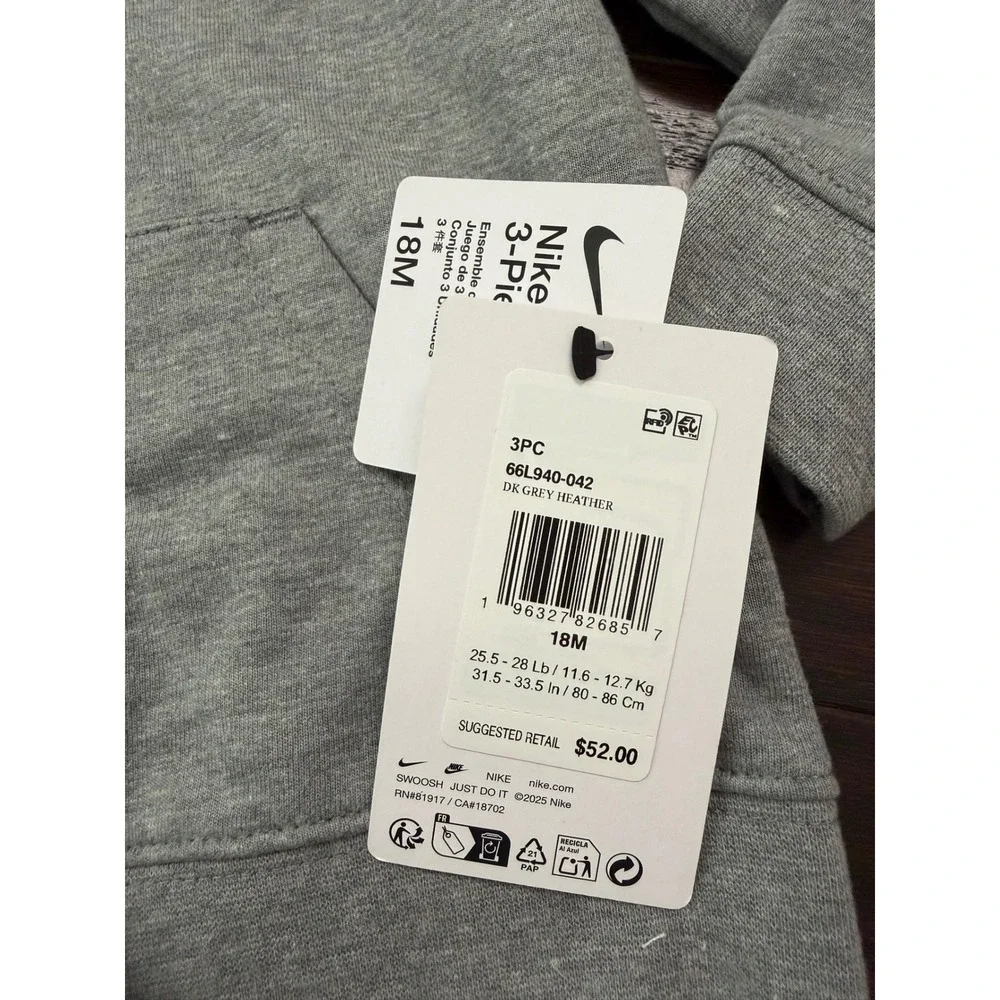 Nike 3-Piece Set Baby 18M Hoodie Joggers Bodysuit Grey White 66L940-042